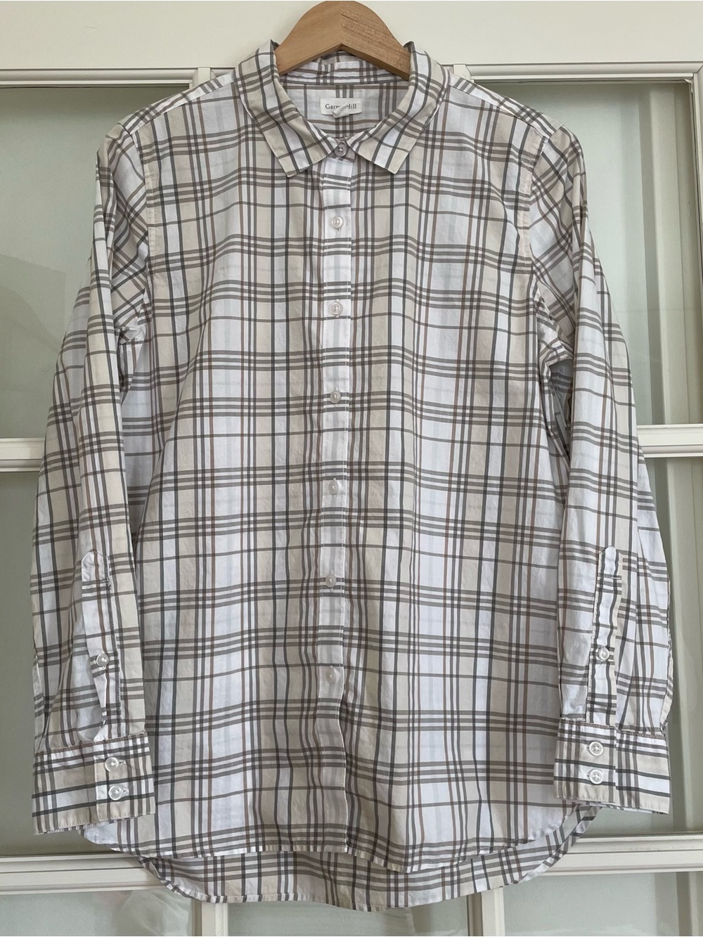 Garnet Hill 100% organic pima cotton neutral plaid collared button up women's 12